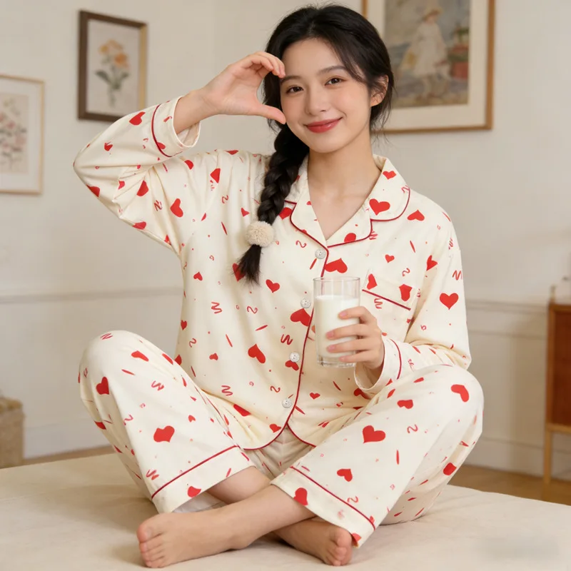 

Женский пижамный комплект с принтом «Сердечки», с длинными рукавами, весенняя коллекция, в стиле Instagram, повседневный стиль, кардиган с воротником, домашняя одежда