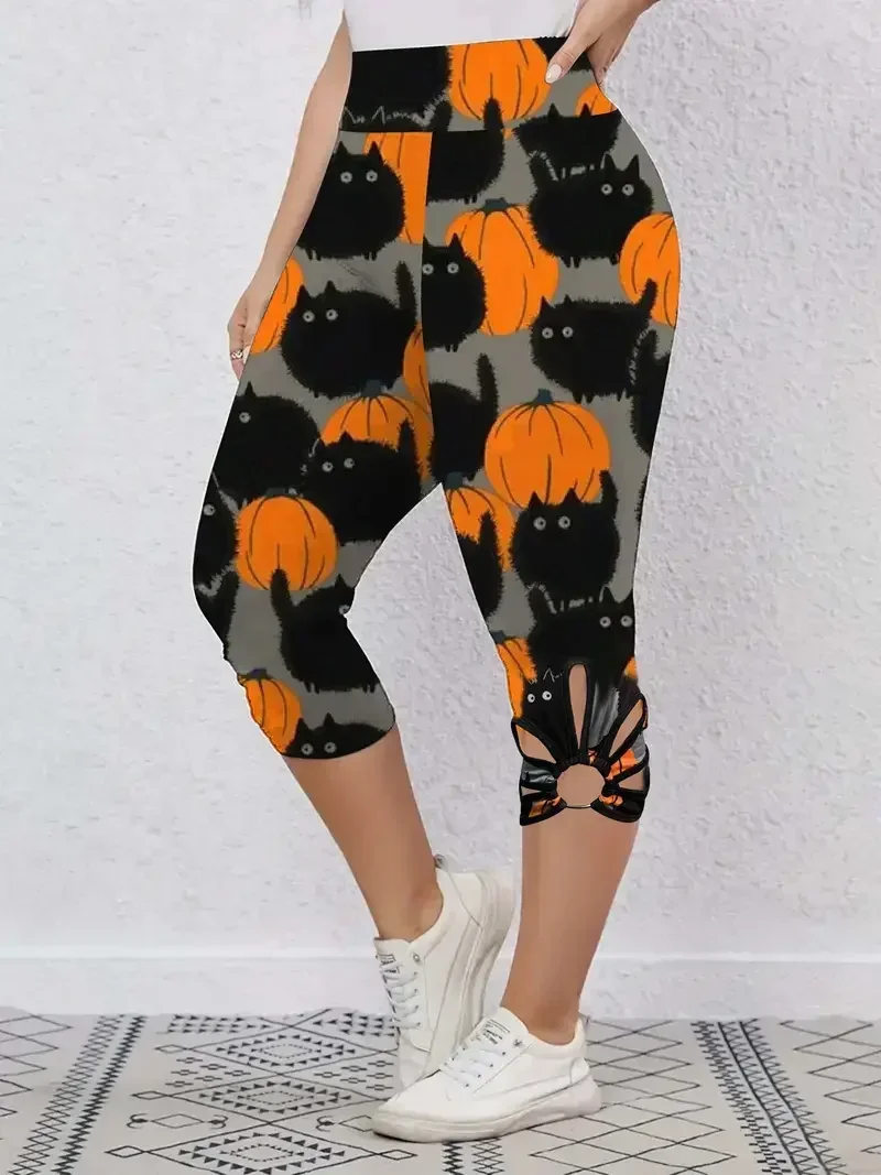 

Women's Plus Size 1XL-5XL Casual Halloween Capri Leggings Ladies Allover Cat & Pumpkin Print Cut Out High Rise Capri Leggings