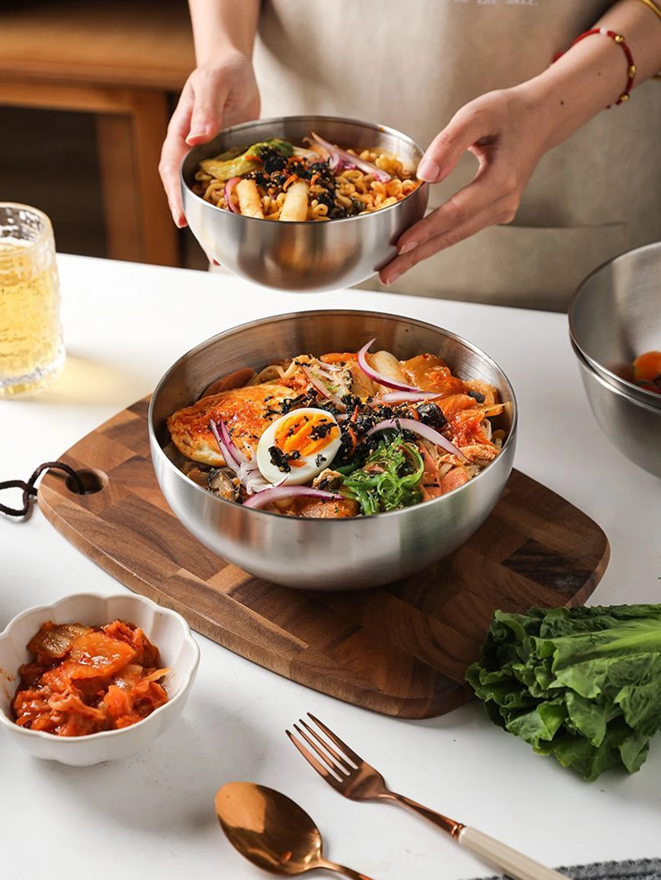 1PC/2PC Stainless Steel Gold And Silver Salad Bowl Rice Noodles Lamian Noodles Bowl Kitchen Tableware Food Container