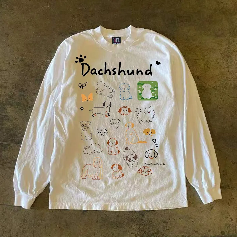 Heavyweight 310g Pure Cotton Long Sleeve T-Shirt American Retro Oversize Streetwear Versatile Miao Style round Neck Pullover