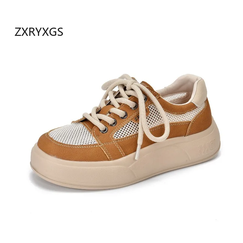ZXRYXGS 2026 New Lace-up Premium Mesh Cowhide Splice Spell Color Breathable Sneakers Trendy Shoes Flat Thick Sole Women Sneakers