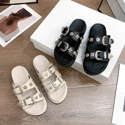 Summer Punk Rock Women Slippers Rivets Platform Leather Mules Creative Metal Fittings Slippers Female Casual Sandals Shoe Slides