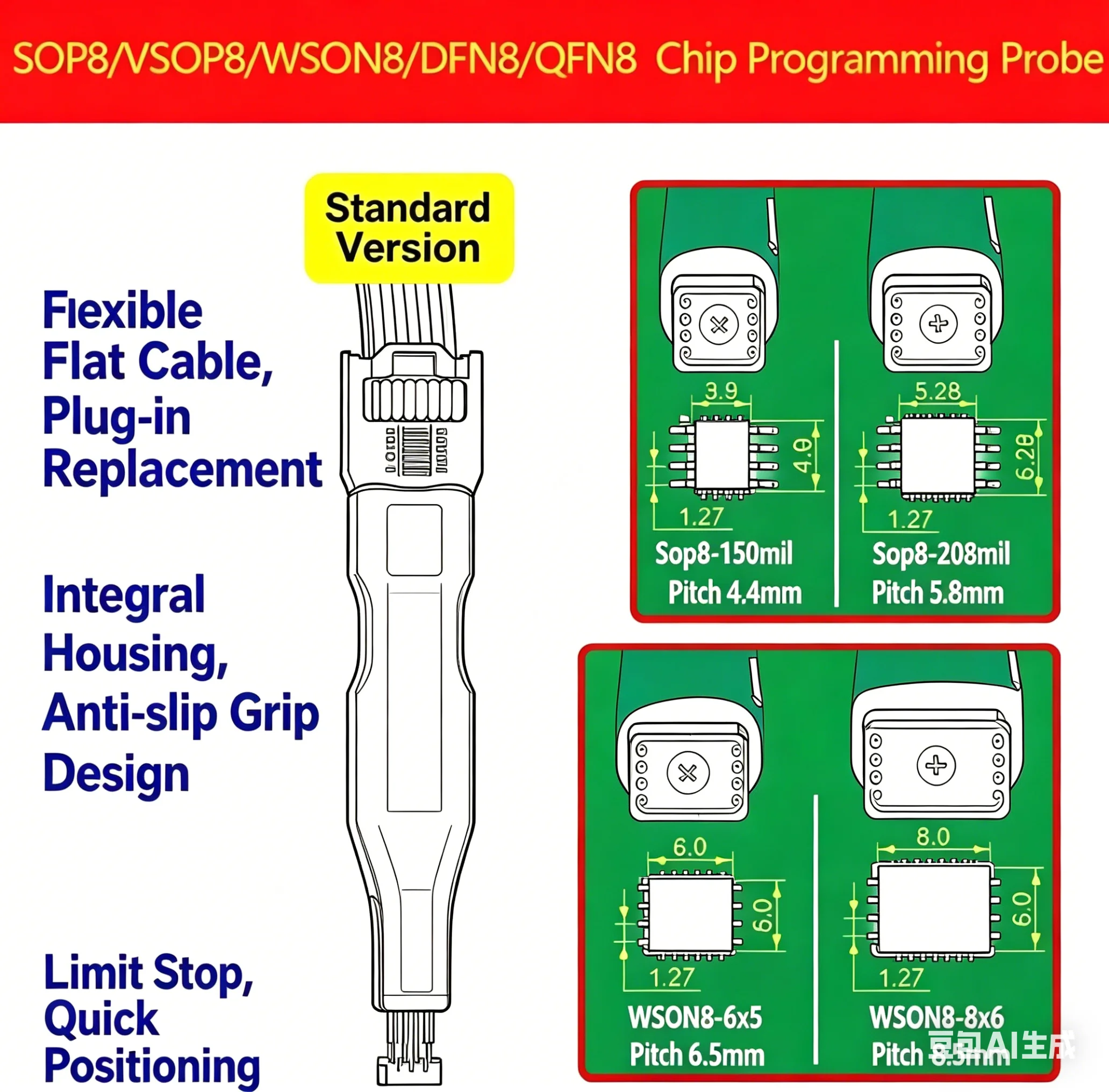 1Pcs SOP8/SOIC8/WSON8/QDFN8 Chip Burning & Reading Probe - Spring Pin Flash Chip Burner with Spacing Cable