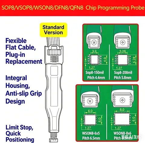 1Pcs SOP8/SOIC8/WSON8/QDFN8 Chip Burning & Reading Probe - Spring Pin Flash Chip Burner with Spacing Cable