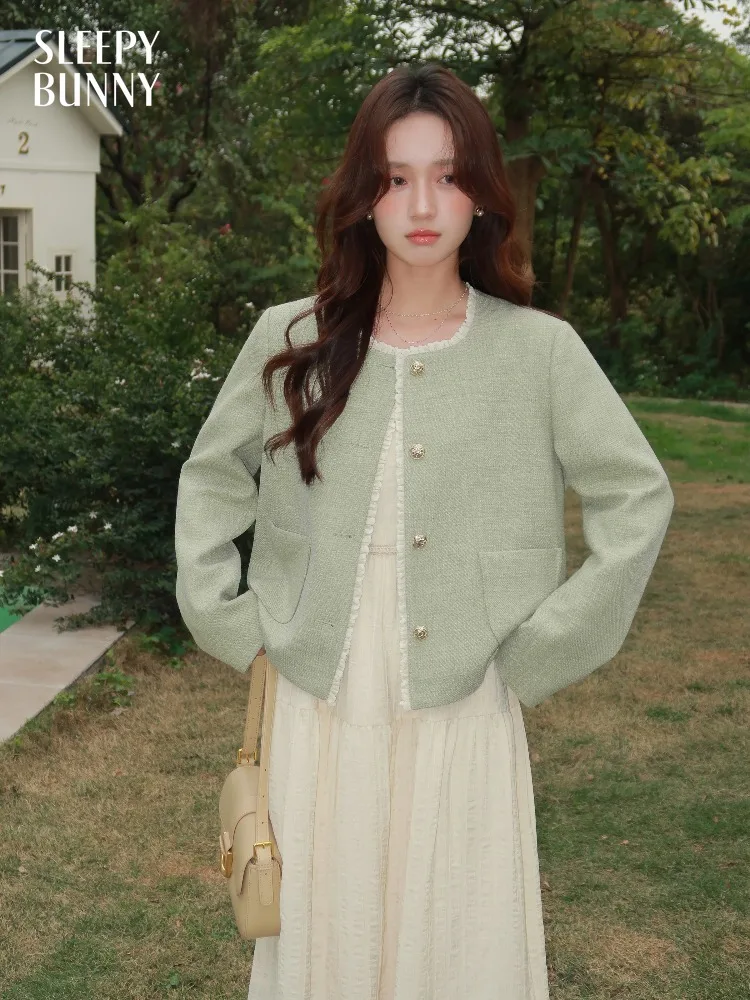 

Elegant Slim Short Jacket Round Neck Tweed Coat with Shoulder Pads Chic Spring Outerwear Women Office Lady Korean Style Fashion