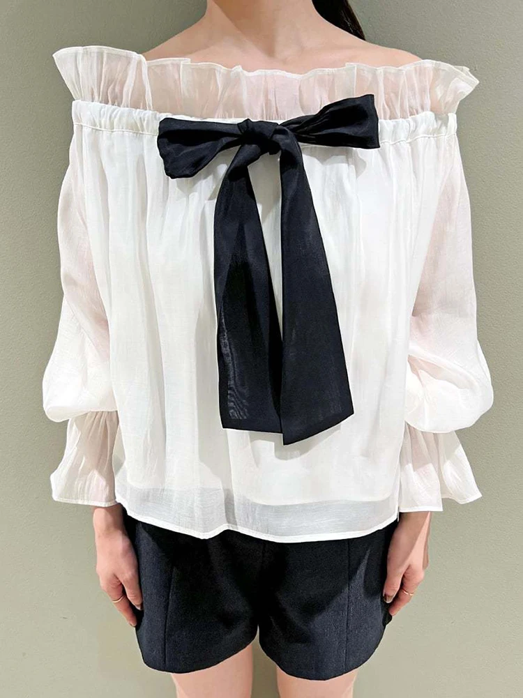 

Sweet Sle Bell Sve irt oulder Bared One oulder Knot Tie Waist Autumn New Arrival Women's Loose Fit Blouse