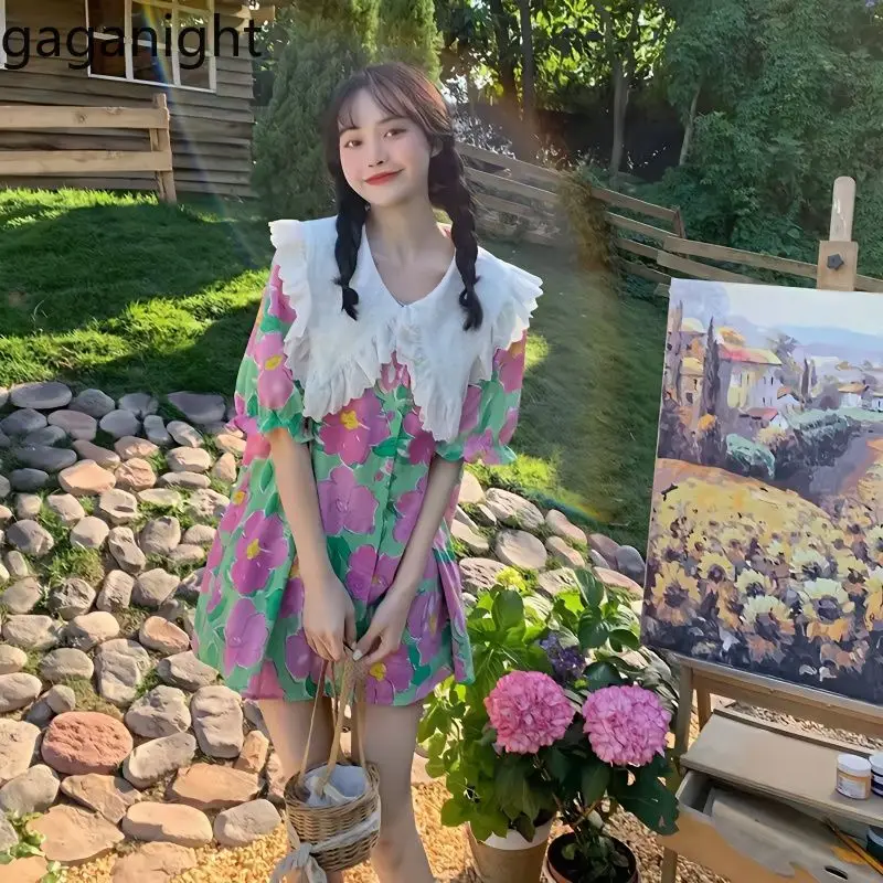 Gaganight Women Floral Printed Doll Neck Short Dress 2024 Summer Korean Chic Pattern Puff Sleeves Slim Dresses Female Vestidos
