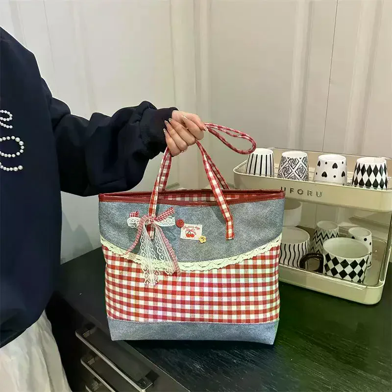 Denim Canvas Tote Bag Red Gingham Patchwork Lace Bow Design Fashion Aesthetic for Women Birthday Gift Daily Use