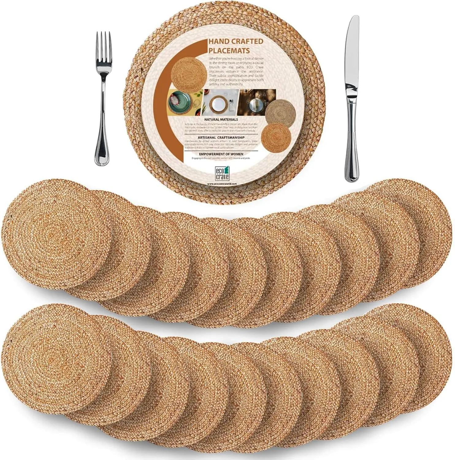 

Natural Jute Round Placemats 13 Inch Set of 20, Woven Table Mats for Dining Room, Rustic Charger Plates for Dinner