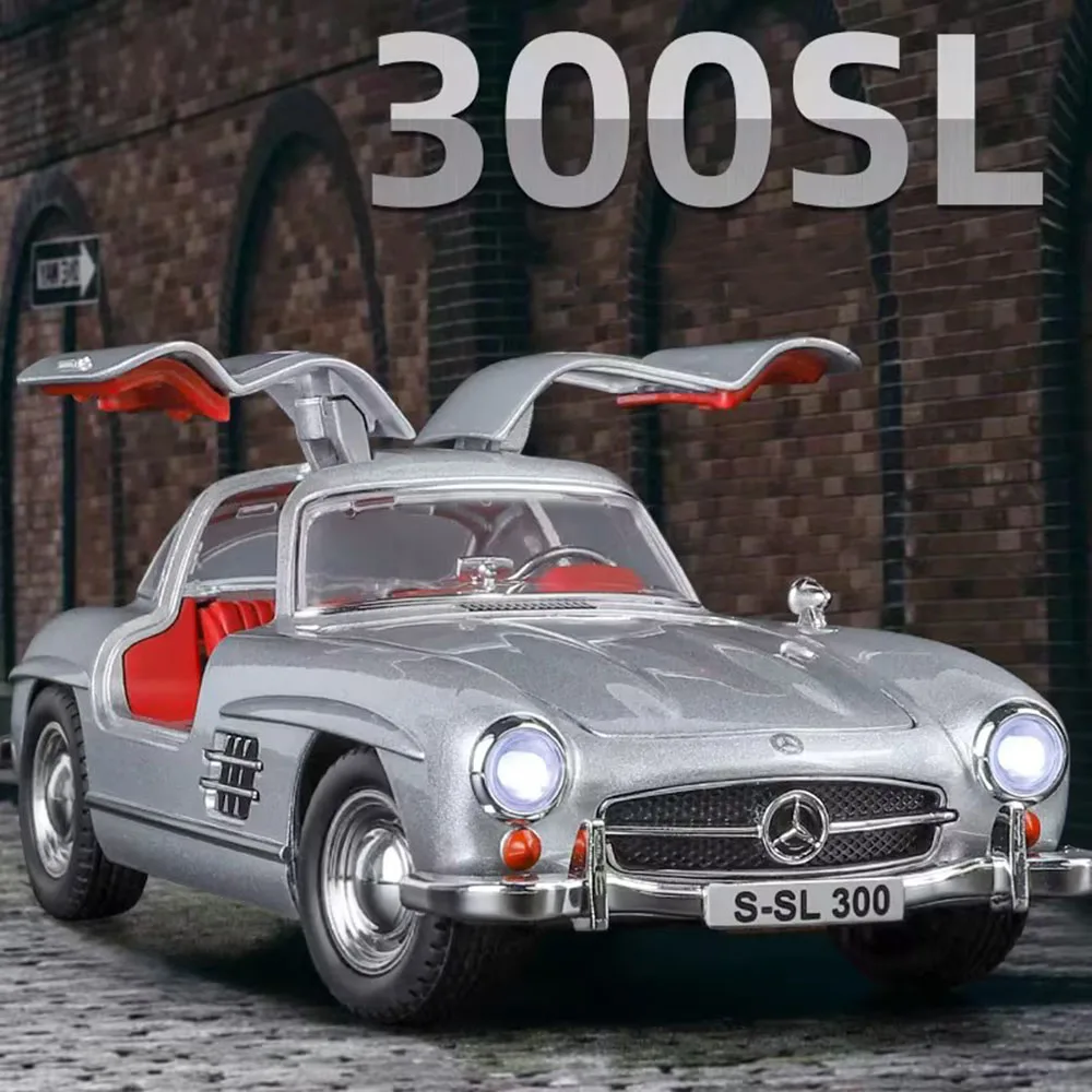 

1:24 300SL сплав, винтажные игрушки, модель автомобиля, литой под давлением металлический автомобиль, 4 двери, открытый звук, свет, игрушечная модель, детский рождественский подарок