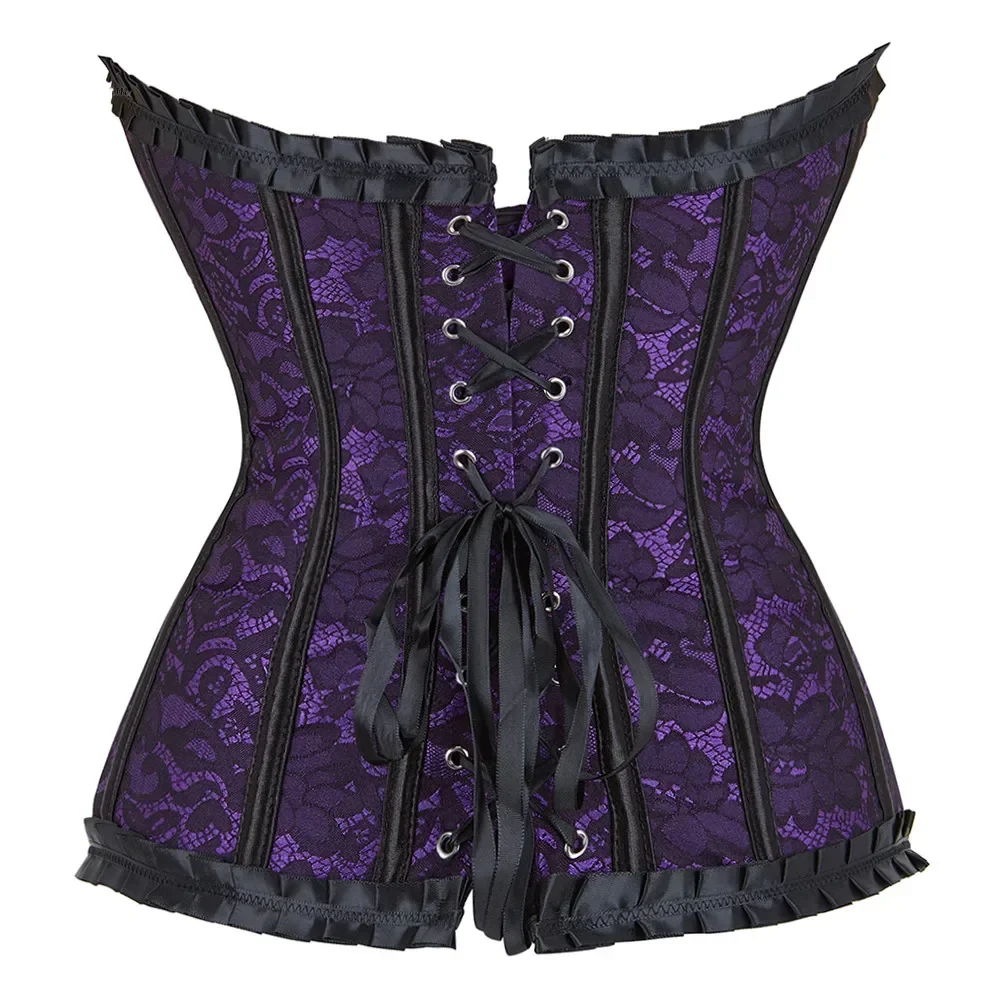 Corset Top Sexy Women\'s Plus Size Corsets and Bustiers Overbust Floral Gothic Brocade Corselet Style Fashion Purple Red