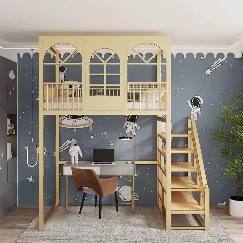 Simple and space-saving wrought iron bed, two floors of elevated double bunk up and down a ladder
