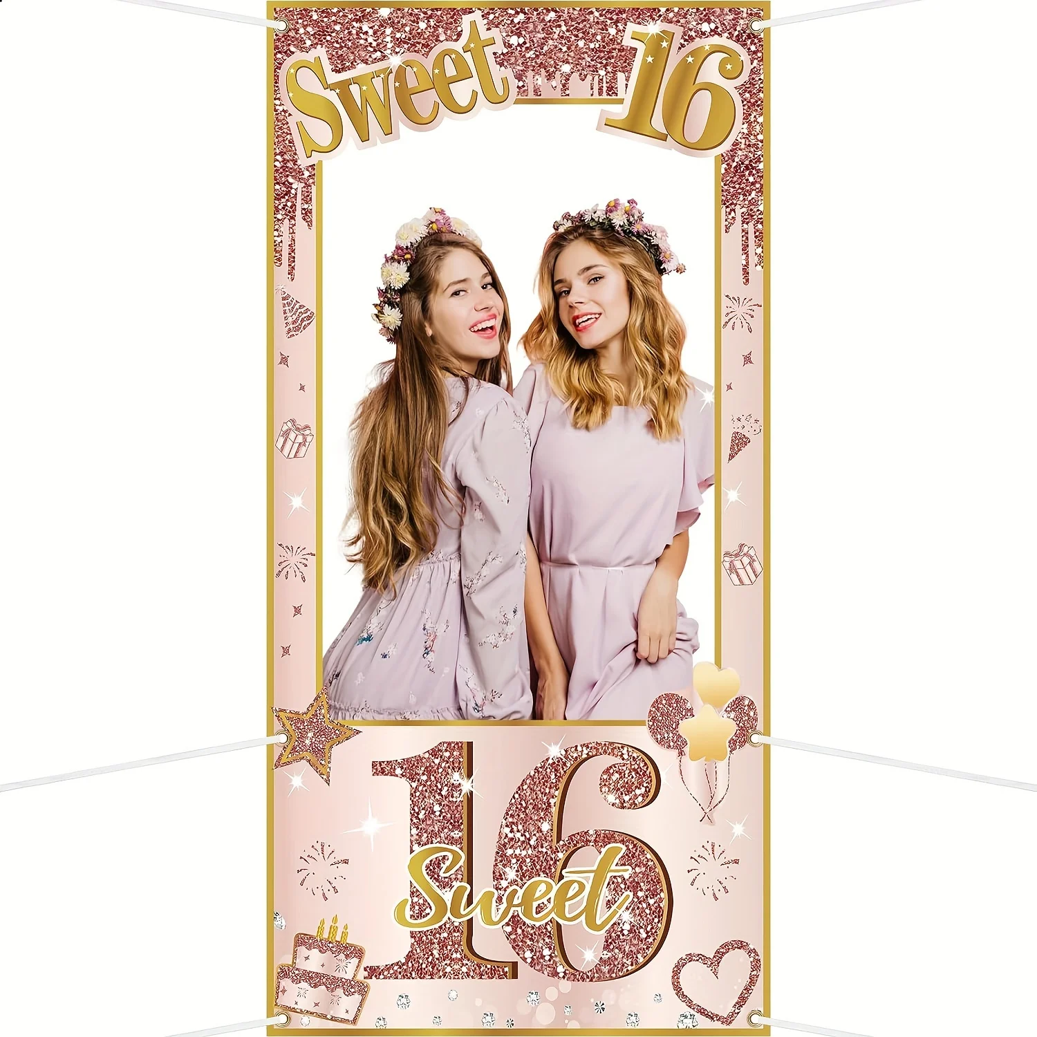 16th Birthday Decorations Photo Booth Props for Girls, Funny Pink Rose Gold Sweet 16 Birthday Door Banner Props Party Supplies