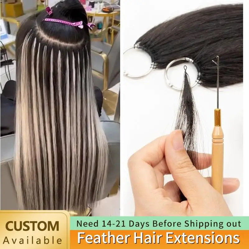 Micro Feather Hair Extensions Natural Human Hair Straight Hand Knitting Non-Remy 16"-24" Inch 40 Strands Hair Salon Supplies