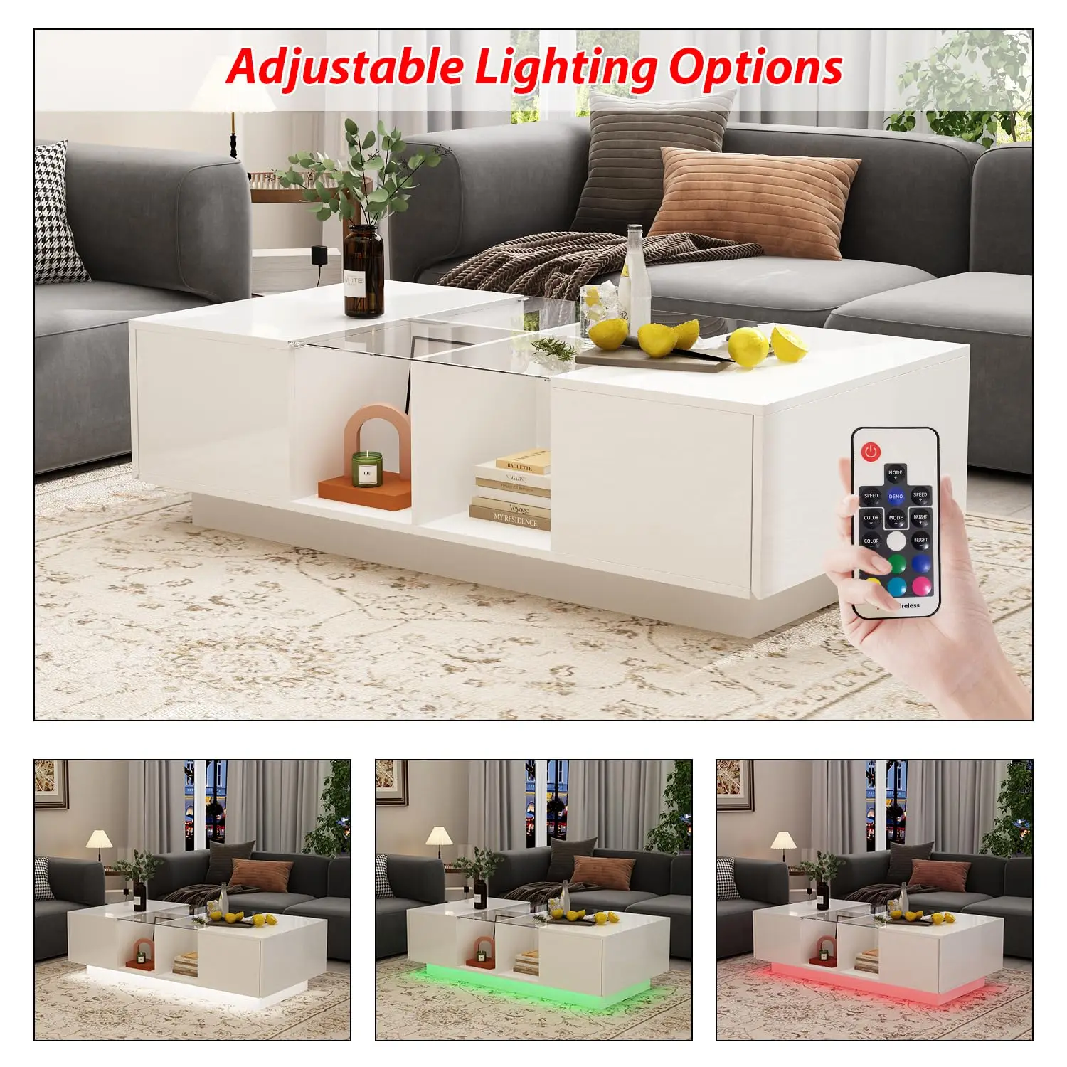 Mesa de centro moderna de LED com gavetas e compartimentos abertos, mesa de centro retangular com tampo de vidro para sala de estar, quarto,