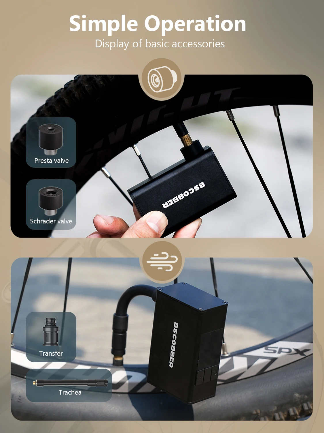 BSCOBBER Mini-Luftkompressor, Fahrradpumpe für Mountainbike-Reifen, tragbarer Fahrradreifenfüller mit digitaler Anzeige, 150 PSI, Kies – Detail 8