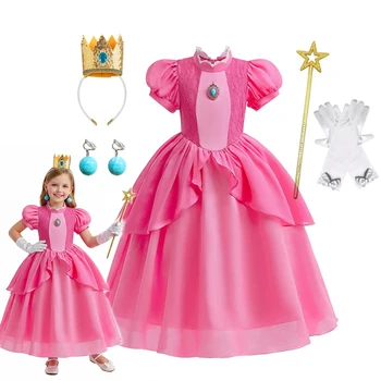 Peach Princess Dress Girls Rose Red Lace Cosplay Dress Kids Vestidos Party Dresses Carnival Halloween Costume for 3-11 Years