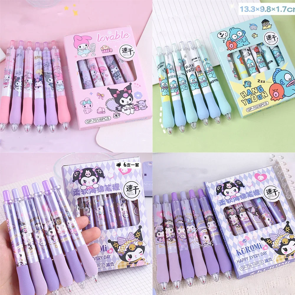 6pcs/set Anime Peripheral Kuromi Hang Yo Dun Cartoon Flexible Sheath ST Quick-dry Black Examination Gel Pen Pupil Stationery