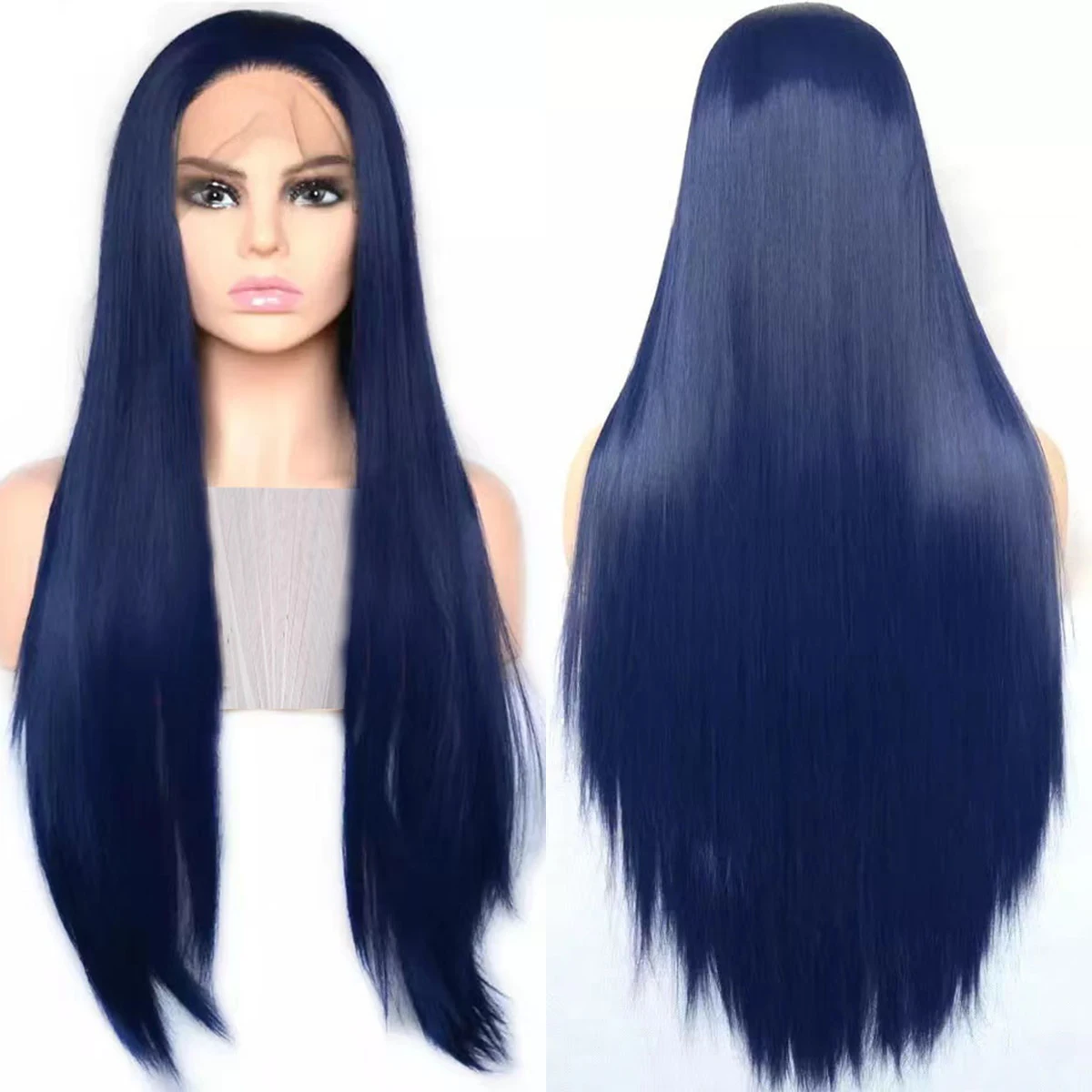 Soft Long Dark Blue Silk Straight Lace Front Wig 26Inch 180Density For Black Women Baby Hair Glueless Synthetic Preplucked Daily