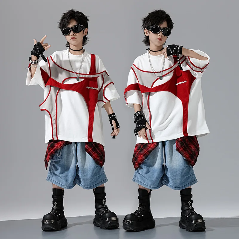 Kids Boys Girls Summer Streetwear Hip Hop Short Sleeve T-shirt Denim Shorts Sets Performance Clothes Children Dance Team Costume