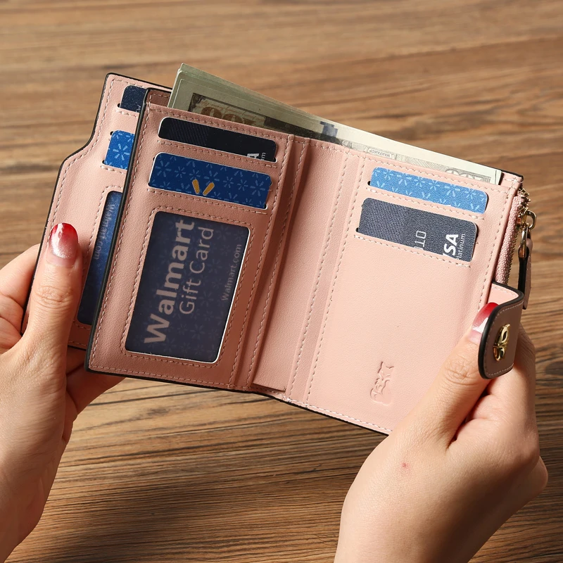 FOXER 2025 New Cowhide Leather Women's Simple Short Style Clutch Card Purse Mini Fashion Wallet Female Folding Anti-theft brush