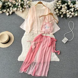 Chinese Sexy Transparent Vintage Embroidery Jacquard Halter Top Dressing Sleepwear Open Front Bindings Gauze Dress 4-Piece Set