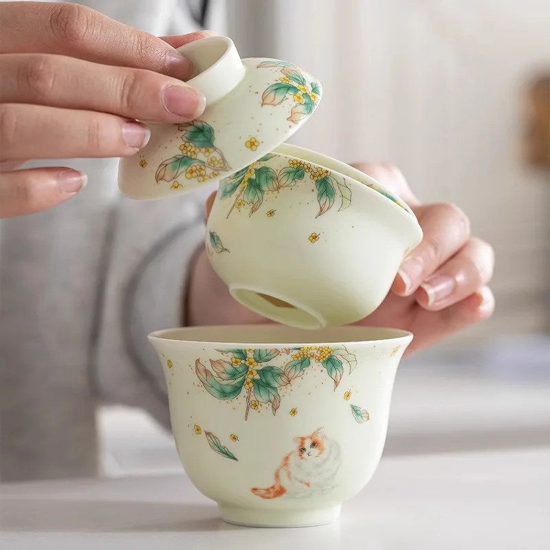 Matte Glaze Cat Hanging Flower Travel Tea Set Portable Outdoor Cover Bowl Exquisite Colorful New Travel Tea Maker Small Gift Set