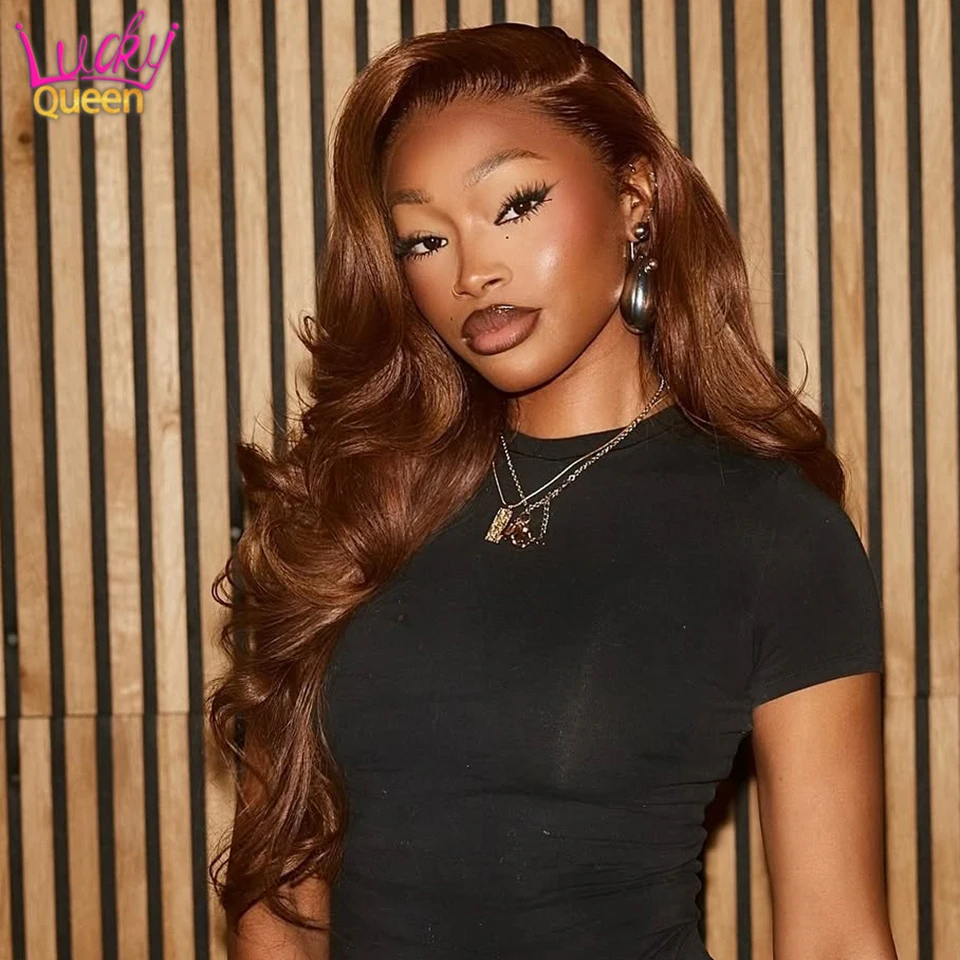 

Caramel Brown Dark Root Brazilian Human Hair 180 Density Transparent Lace Frontal Wigs 13X4 13X6 Pre Plucked Body Wave For Women