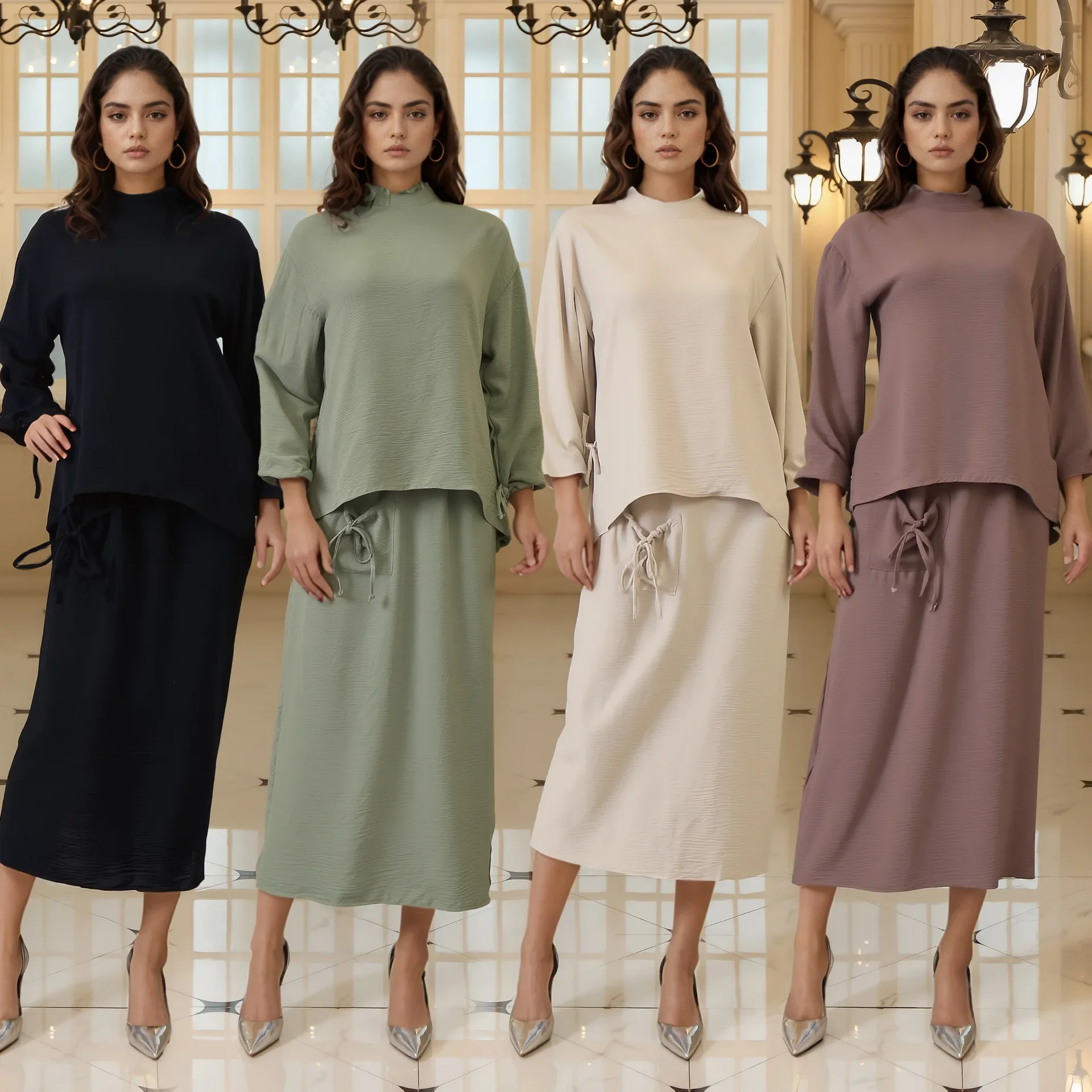 

Modest Muslim Matching Set 2 Piece Dress Women Tops Skirt Suit Dubai Turkey Kaftan Abaya Ramadan Islamic Outfits Musulmane Robe