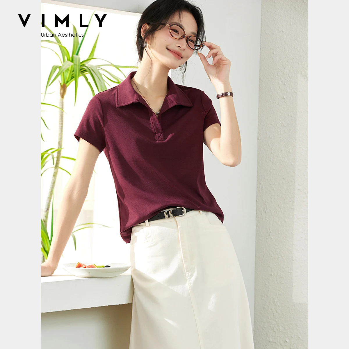 

VIMLY Purple Polo Shirt Short Sleeve T-shirt Women's 2025 Summer Casual Knitted Slim Fitting Female Tops Ladies Clothes A1920