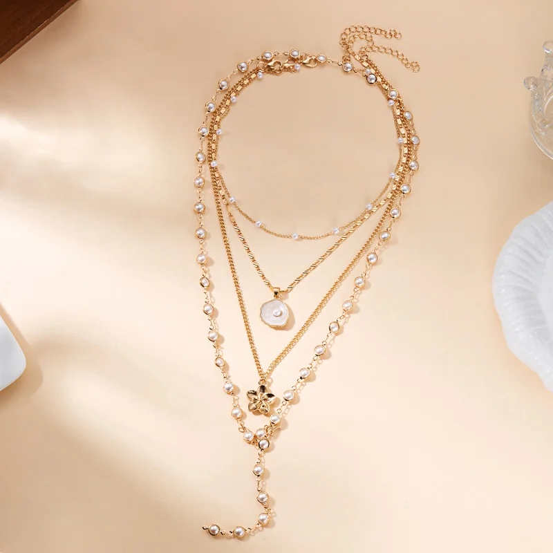 Stilvolles Halsketten-Set mit Blumenmuster aus Metall für Damen, zartes Kreuz, Imitationsperlen-Anhänger, Halskette, Party-Schmuckzubehör – Detail 8