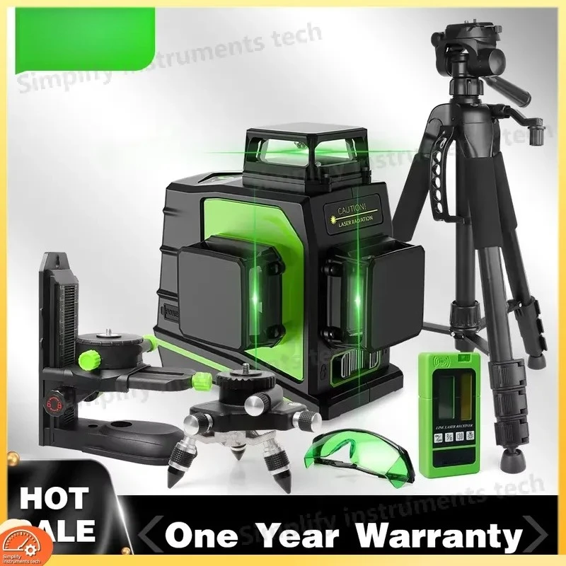 12 Lines 3D Cross Line Laser Level Self-Leveling Green Beam 360 Degree Vertical Horizontal Laser Level Kit with Receiver and