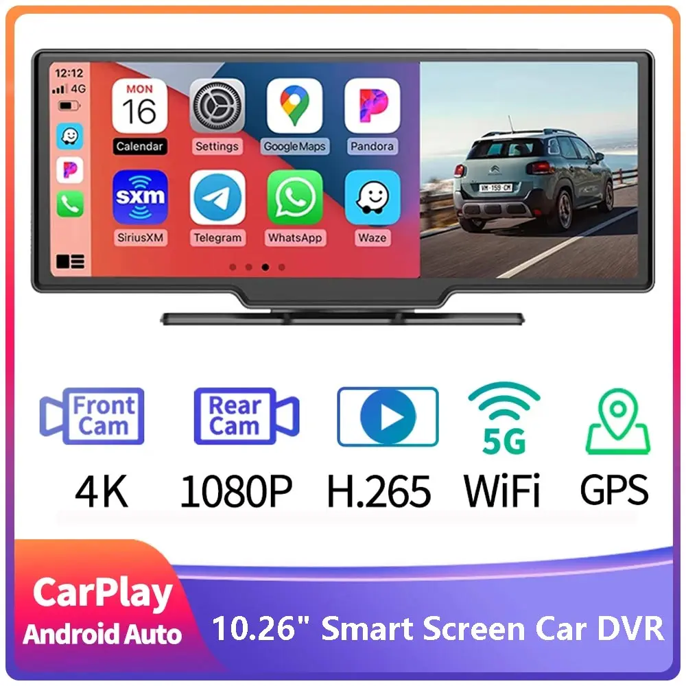 

10.26" Dash Cam Rearview Camera Carplay Android Auto 4K Car DVR GPS Navigation Video Recorder Dashboard Dual Lens 24H Parking