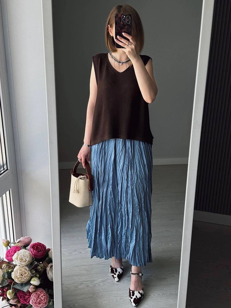 OUMENGKA V-Neck Knitted Vest Women's Spring Summer New Korean Loose Wild Solid Sweater Sleeveless Chic Outerwear