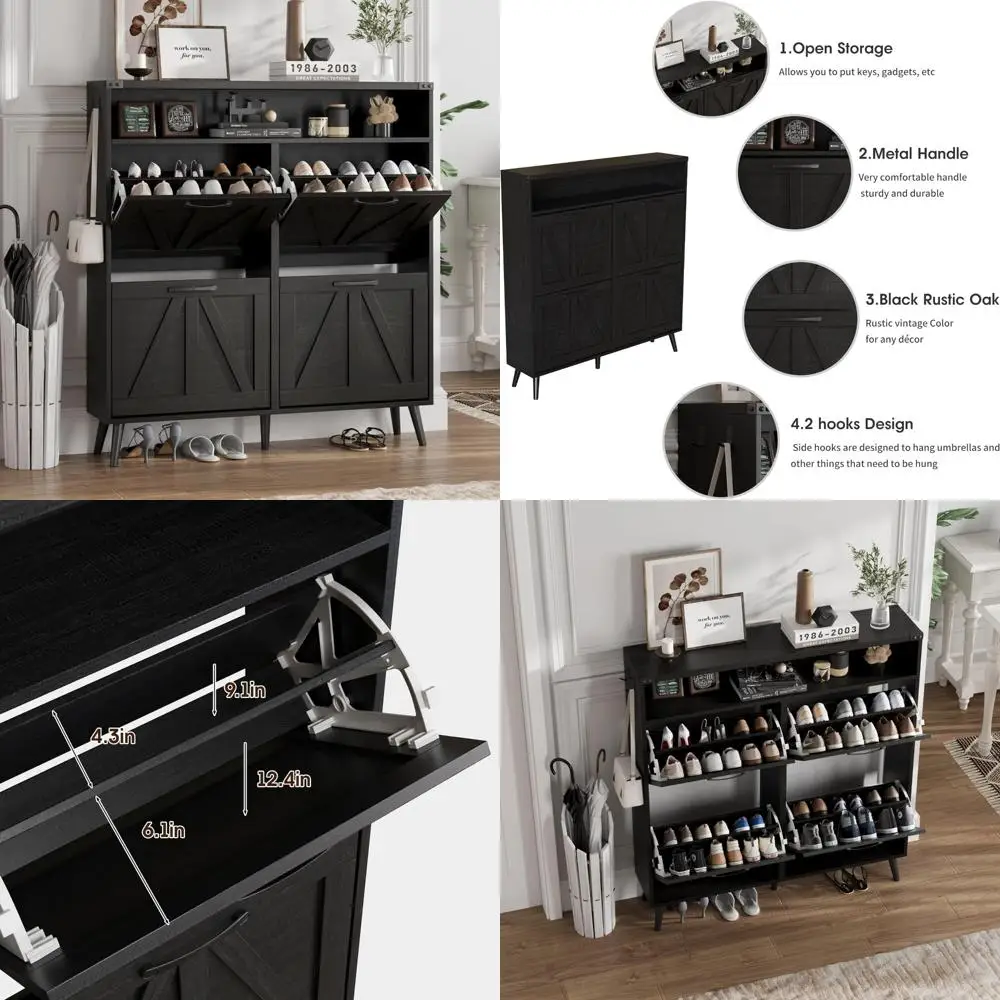 Farmhouse Style Entryway Shoe Cabinet with 4 Drawers and Open Shelving for Narrow Spaces Storage Solution