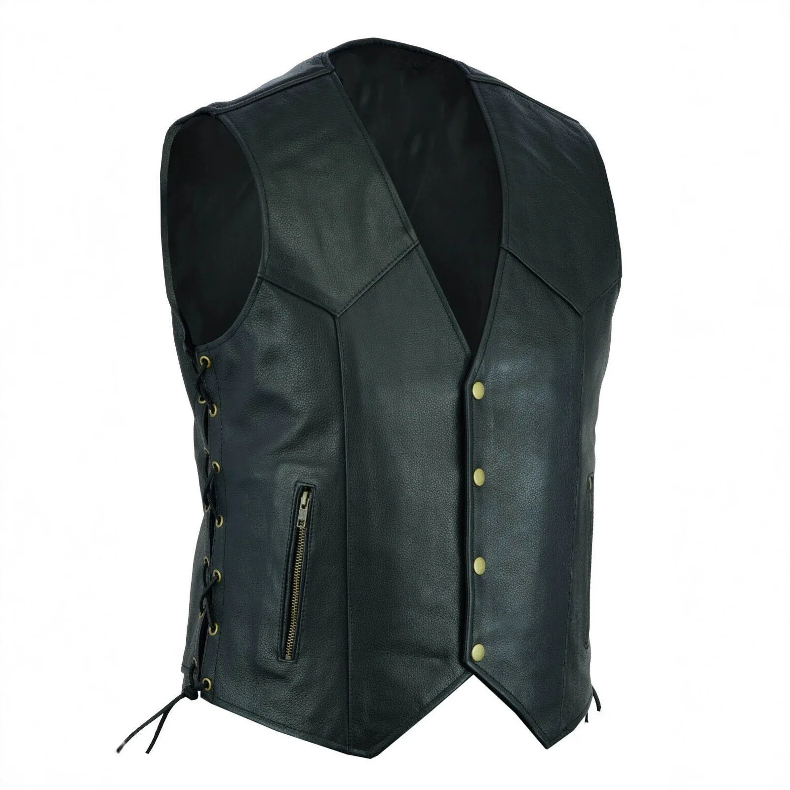 Men's Leather Vest V-Neck Single-Breasted Side Zipper Tie Short Sleeveless Top