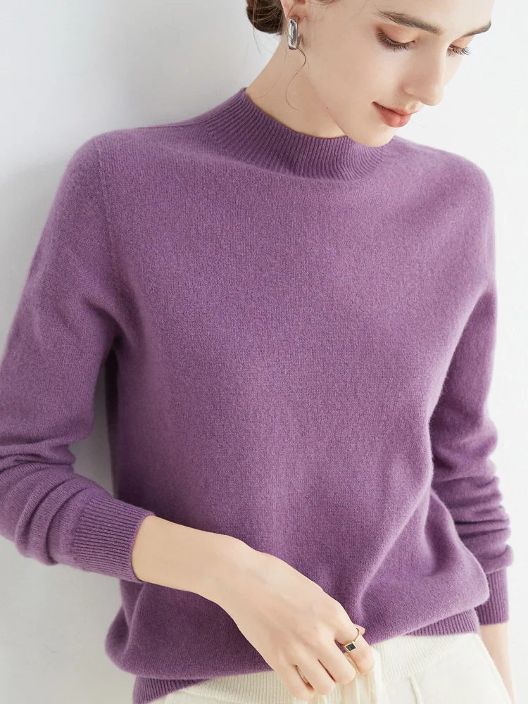 Suéter de lana para mujer, Jersey básico de manga larga con cuello simulado, prendas de punto de lana merina de 100%, ropa femenina, Top de Otoño Invierno