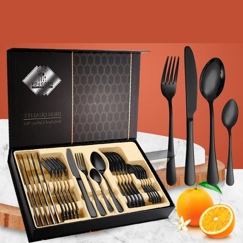 24Pcs Gold Cutlery Specular Light Stainless Steel Steak Knife Fork Spoon Teaspoon Upscale Restaurant Cutlery Set With Gift Box