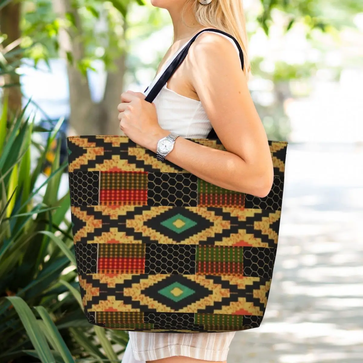 Bolso de compras con patrón de Ankara africano colorido para mujer, bolso de hombro de lona, lavable, estilo bohemio, compras de comestibles