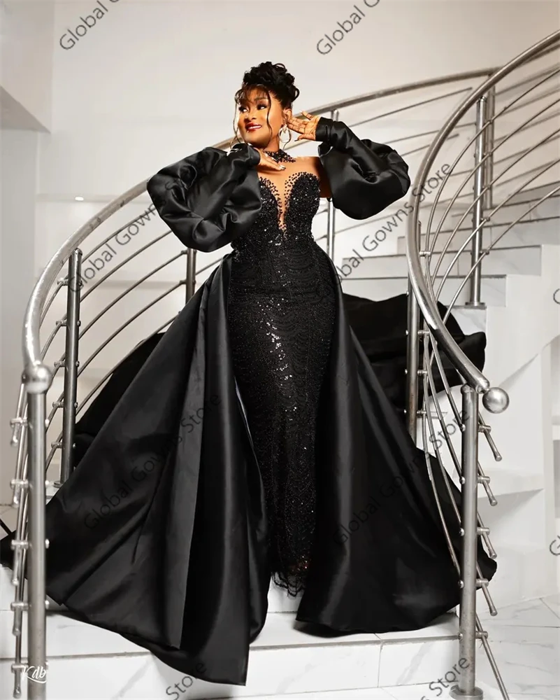 Aso Ebi Luxury O Neck 2025 For Black Girls Beaded Crystal Evening Dresses Full Sleeve Party Dress Detachable Tail Customized