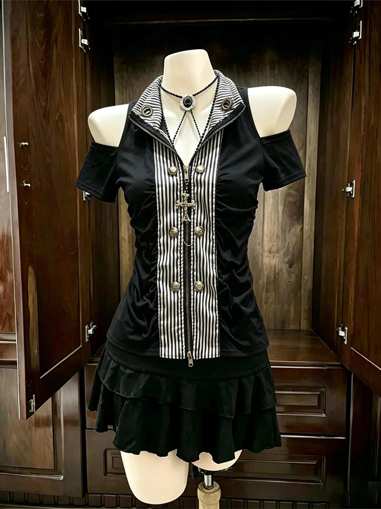 Gothic Rose Original Retro Black Splice Stripe Shoulder Bared Short Sleeve Summer Women's Personality Dressing Open Cardigan