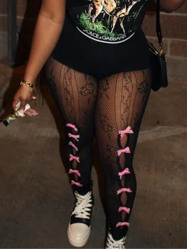 Joskaa seksowne, rozciągliwe długie skarpetki z kokardką koronkowe legginsy damskie Hipster wycięcie w pasie obcisłe spodnie 2024 letnia odzież klubowa