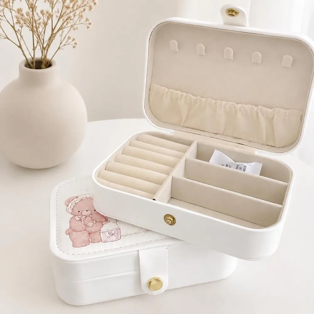 Cartoon Rabbit Cat Jewelry Storage Box PU Leather Velvet Lining Organizer Box With Dividers Portable Jewelry Box