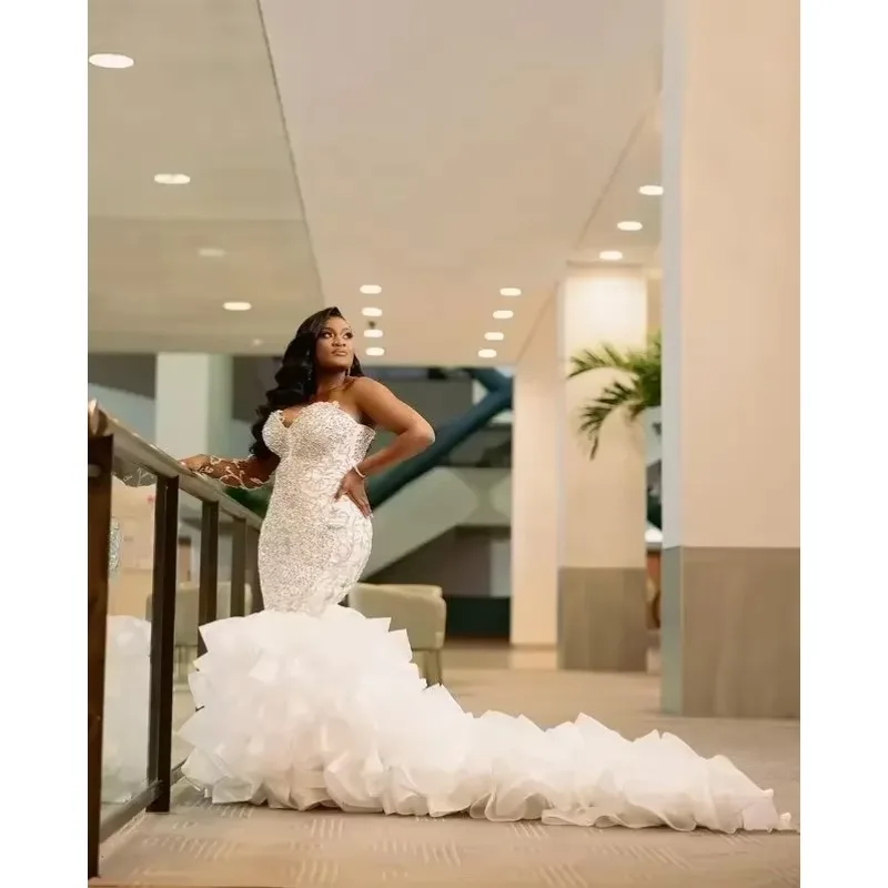 Customized Arabic Plus Size Mermaid Ivory Wedding Dresses Beaded Crystals Bridal Gowns Dress