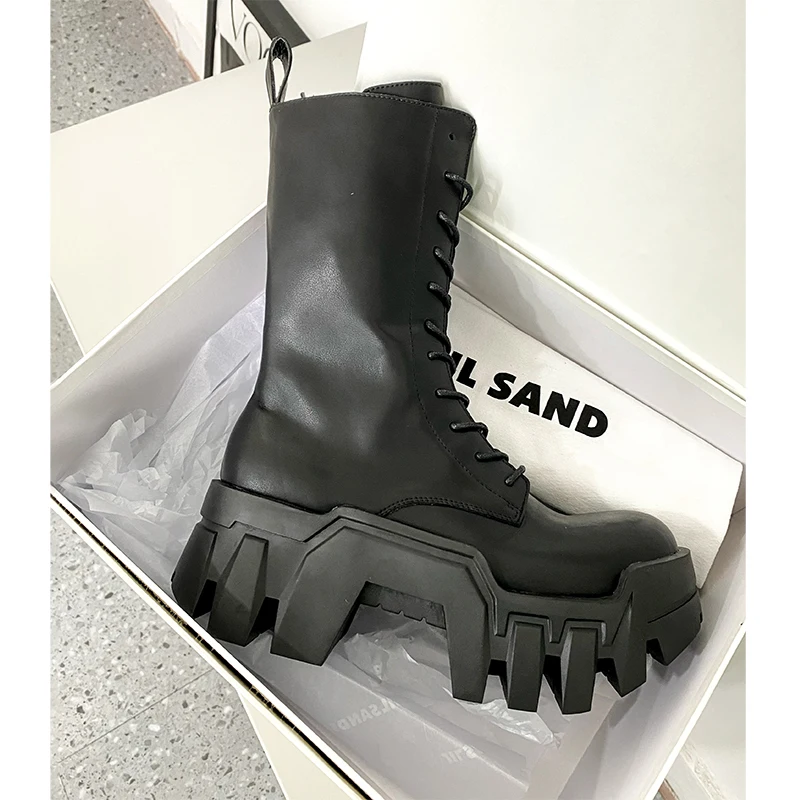 

Round Toe Lace-Up Sawtooth Platform Mid-Calf Boots Woman Winter 2023 Black Height Increasing Side Zip Luxury Shoes for Women