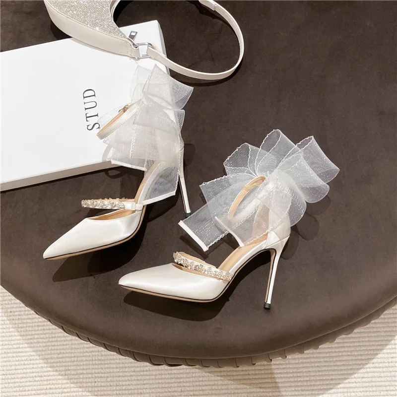 Summer New Bao Head Sequin Bow Heels Women\'s Pointy Shallow Mouth Empty Line with Single Shoes