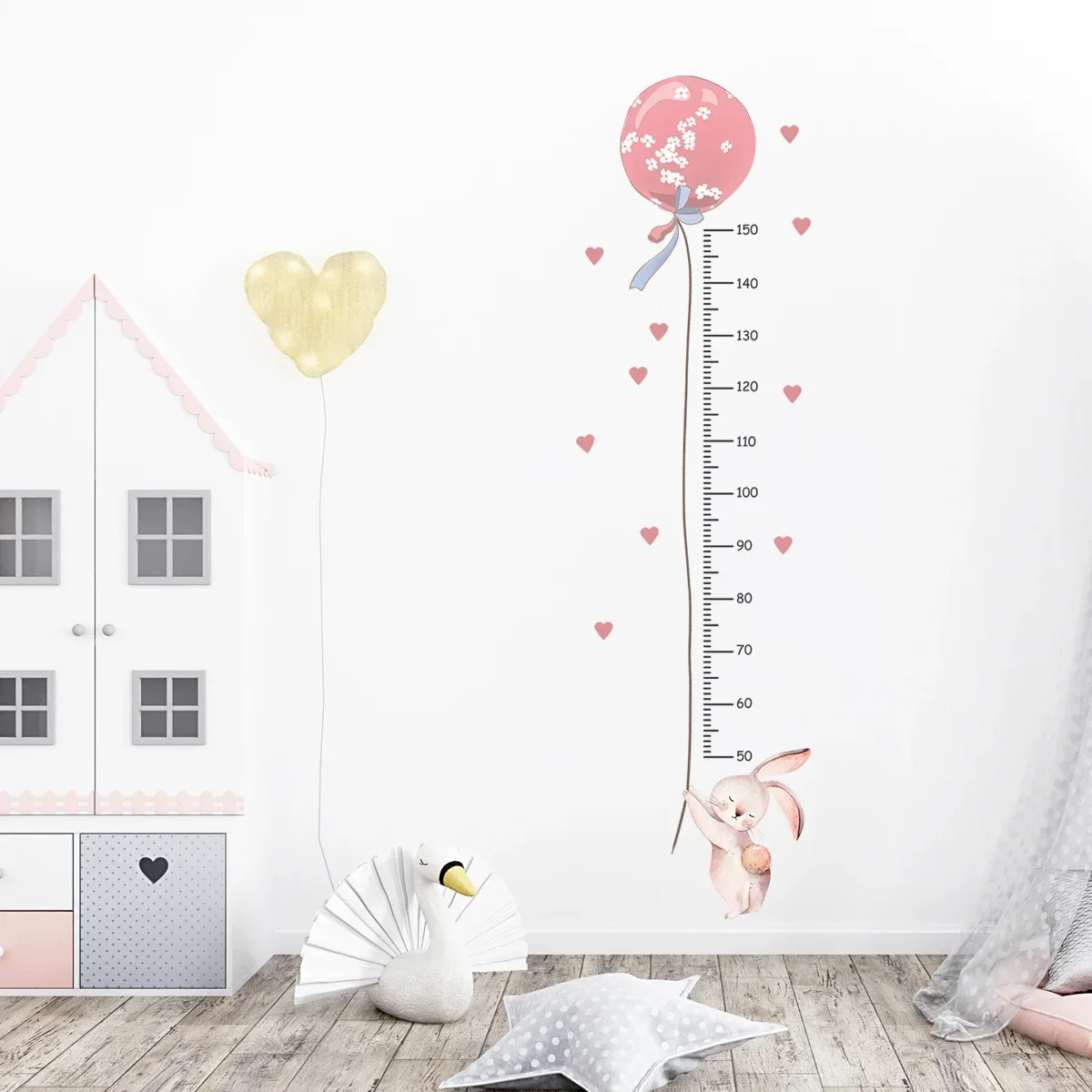 Cartoon Pink Bunny Balloon Height Wall Sticker for Kids Room Ruler Home Decor