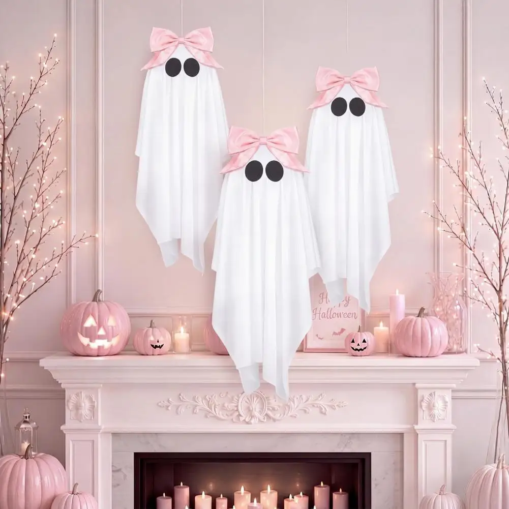 3Pcs Halloween Pink Ghost Hanging Decor Pink Bow Spooky Outdoor Ornament for Porch Window,Sweet Girl Gift