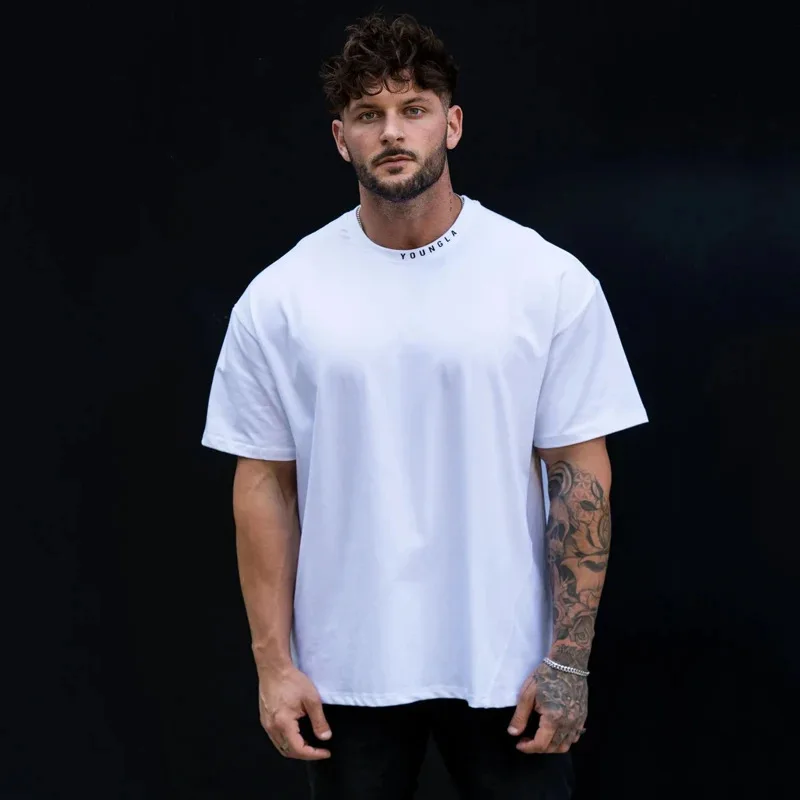 2024 new men\'s oversized T-shirt muscle exercise fitness cotton round neck short sleeve gym running basketball training