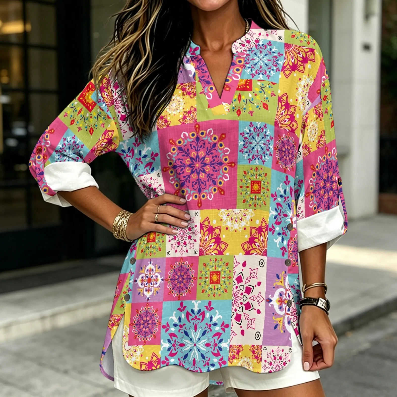 PENSTROLL Camisas de Manga Larga con Patrón Geométrico Tipo Lino para Mujer, Blusas Holgadas Tipo Túnica para Trabajar